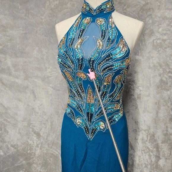 Alyce Design Teal 100% Silk Beaded Sequin Halter Gown Dress Vintage Prom Mermaid - Picture 6 of 9